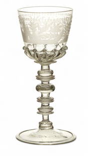 Hand Engraved Crystal Goblet 19th.c., H 9.7" Dia. 4.5": Hand Engraved Crystal Goblet 19th.c., H 9.7" Dia. 4.5" Rough pontil. Continuous scene of village with church, flying birds, trees. Nice detail. Clear crystal.&nbsp; Dimensions: 1 PC x H 9.7" Dia 4.5"