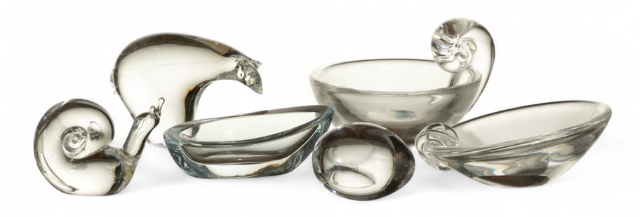 Steuben Glass (American) Polar Bear, Snail, Olive Dish, Ashtray + Others 6 PCS: Steuben Glass (American) Polar Bear, Snail, Olive Dish, Ashtray + Others 6 PCS Four pieces by Steuben: Olive jar with prunt, L 6". Snail L 3", polar bear L 4" (ear chip), ashtray, L 4". Small Stromber