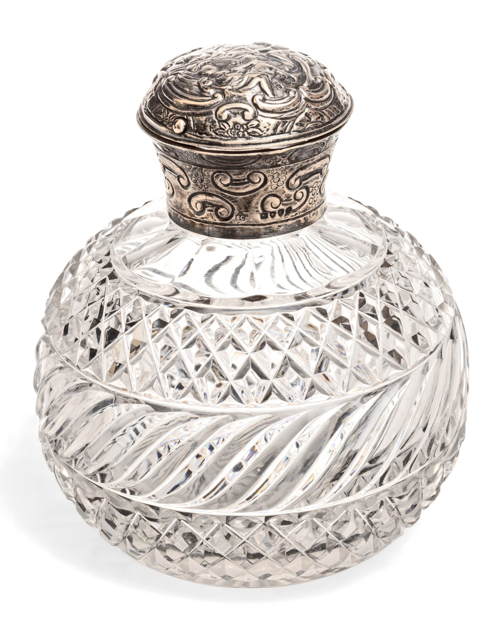 London Hand Cut Crystal And Sterling Stopper Cologne Bottle, Maker SC 1881, H 5.5" Dia. 4" (1 of 6)
