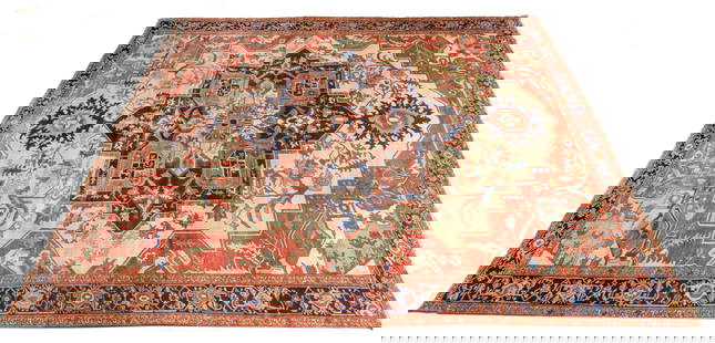 Persian Serapi Hand Woven Wool Carpet 1910, W 11' 6" L 12': Persian Serapi Hand Woven Wool Carpet 1910, W 11' 6" L 12' Center geometric floral medallion with a conforming blue ground border having geometric floral border. Provenance: The Beardslee Family Esta