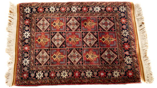 Afghan Hand Woven Silk Rug W 3'10" L 5'7": Afghan Hand Woven Silk Rug W 3'10" L 5'7" 15 Alternating square panels with diamond medallions and stylized eagle design in shades of rust, red, light blue, navy, gold, tan, and ivory with a vine and