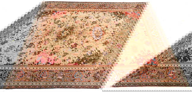 Oushak Pattern Handwoven Wool Rug W 10' 10" L 13' 11": Oushak Pattern Handwoven Wool Rug W 10' 10" L 13' 11" Ivory field bracketed in red. Central medallion in red, blue, ivory and beige. Overall scrolling floral designs with outer borders in beige and iv