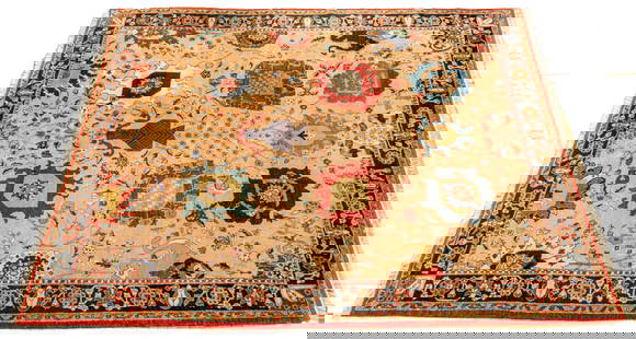 Black Mountain Looms (India) Mahindra Handwoven Wool Rug W 8' 5" L 11' 2": Black Mountain Looms (India) Mahindra Handwoven Wool Rug W 8' 5" L 11' 2" Light salmon-colored field with a central urn and flower design with overall scrolling floral patterns. Outer black border wit