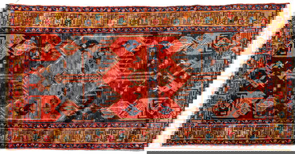 PERSIAN HAMADAN Hand Woven Wool Rug 9.4' X 5': PERSIAN HAMADAN Hand Woven Wool Rug 9.4' X 5' ' navy background with a rust center and camel-toned border, birds and stylized flowers in navy, blue and red. Dimensions: 1