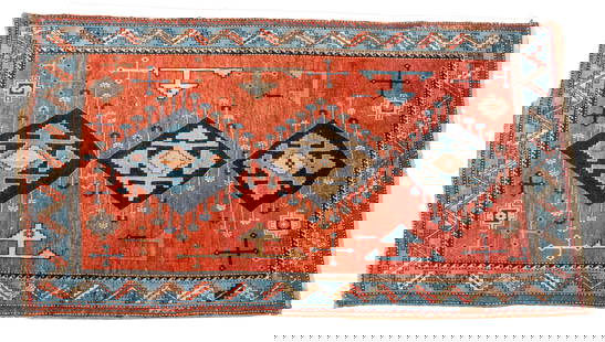 Afghan Hand Woven Wool Rug 1960, W 4' 10" L 8' 2": Afghan Hand Woven Wool Rug 1960, W 4' 10" L 8' 2" Red field, three diamond medallions, royal blue border with geometric sawtooth design. L. 8'2" W. 4'10". Provenance: The Beardslee Family Estate, Gro