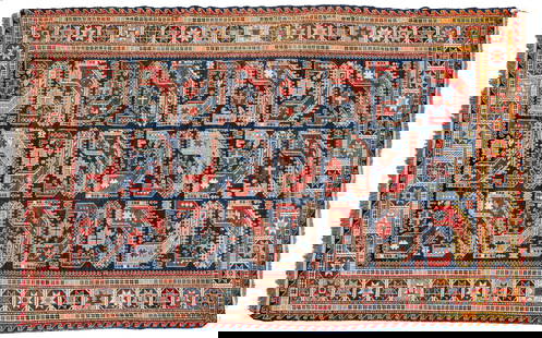 Turkish Kilim Handwoven Wool Rug, H 6' 2" W 7' 4": Turkish Kilim Handwoven Wool Rug, H 6' 2" W 7' 4" Wool foundation. Navy ground with dense geometric patterns in red, ivory, light blue and brown. Outer border with starburst patterns. Label on the und