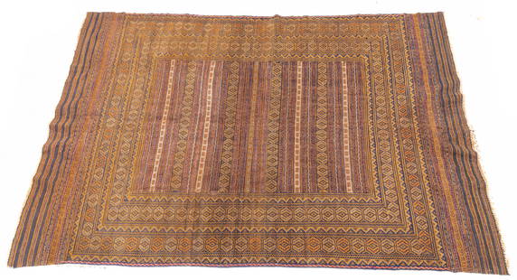 Turkish Kilim Handwoven Wool Rug, H 8' 6" W 5' 9": Turkish Kilim Handwoven Wool Rug, H 8' 6" W 5' 9" Flatwoven wool Kilim with wool foundation. Navy field with dense geometric patterns. Rosette outer border. Safa Fine Rugs, Istanbul label on the back.