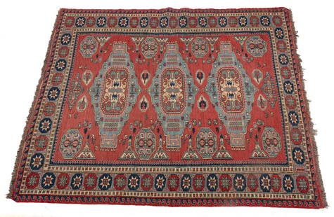 Turkish Kilim Handwoven Wool Rug, H 5' 2" W 6' 5": Turkish Kilim Handwoven Wool Rug, H 5' 2" W 6' 5" Flatwoven wool Kilim with wool foundation. Having a light red field with three light blue medallions. Overall geometric shapes with rosette border. Sa