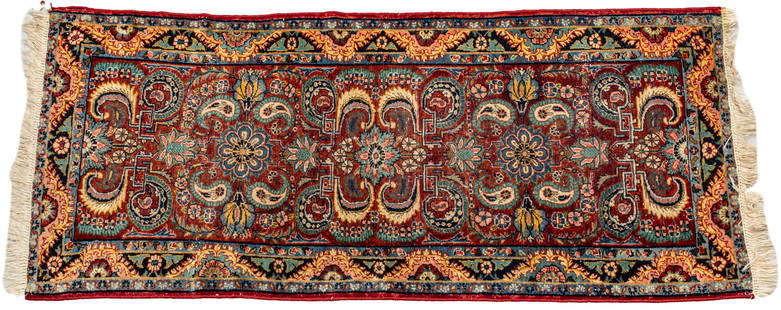 Hamadan (Persian) Hand Woven Wool Runner 1950, W 32" L 74": Hamadan (Persian) Hand Woven Wool Runner 1950, W 32" L 74" Rust color ground, blue and turquoise colors. 6'2" x 2'8" Dimensions: 1 PC W 32" L 74"