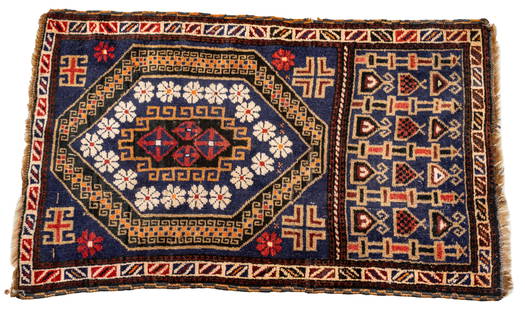 Caucasian Wool And Camel Hair Hand Woven Oriental Mat 1950, W 2.7' L 4': Caucasian Wool And Camel Hair Hand Woven Oriental Mat 1950, W 2.7' L 4' Deep blue field with white and blue unique design tribal mat.&nbsp; Large central hexagon.&nbsp; Dimensions: 1 PC W 2.7' L 4'