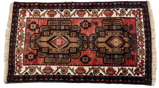 Caucasian Hand Woven Oriental Mat 1950, W 2.8' L 4.4': Caucasian Hand Woven Oriental Mat 1950, W 2.8' L 4.4' Geometric motif with two central reserves in tan/brown, black edges. White border. Tribal mat in all wool. Dimensions: 1 PC W 2.8' L 4.4'