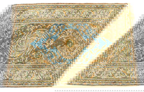 Turkish Hand Woven Carpet 1940, W 3' 4" L 4' 4": Turkish Hand Woven Carpet 1940, W 3' 4" L 4' 4" Light blue field with beige border. Low nap. Dimensions: 1 PC W 3'4" L 4'4"
