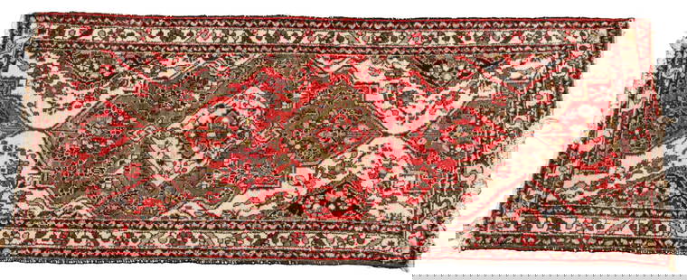 Persian Hamadan Hand Woven Wool Runner W 2' 8" L 6' 8": Persian Hamadan Hand Woven Wool Runner W 2' 8" L 6' 8" Red ground with central floral medallion surrounded by a closed field for floral sprays. Floral border. Fringe loss at two of the four corners. (