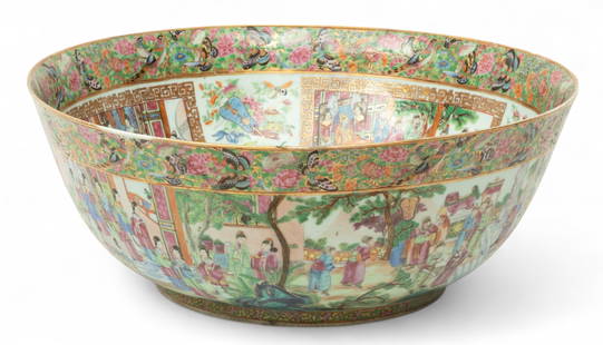 Chinese Rose Medallion Porcelain Punch Bowl 19th C., H 9.5" Dia. 21.5": Chinese Rose Medallion Porcelain Punch Bowl 19th C., H 9.5" Dia. 21.5" On a custom fitted teak base. Strong colors.&nbsp; Provenance:  Property from the collection of a Bloomfield Hills, MI private co