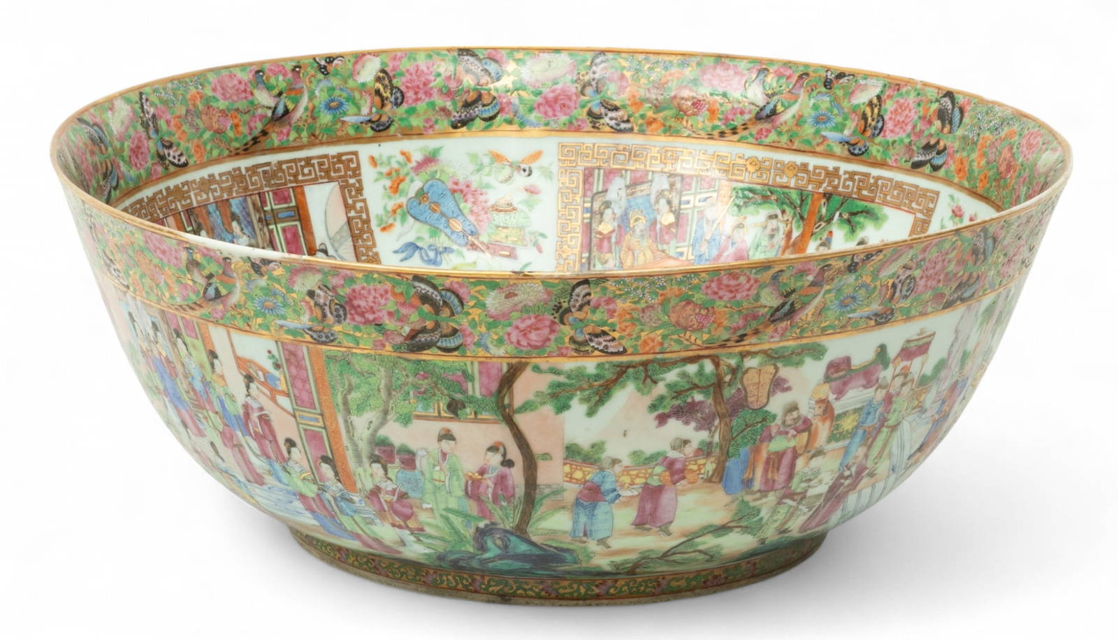 Chinese Rose Medallion Porcelain Punch Bowl 19th C., H 9.5\" Dia. 21.5\"