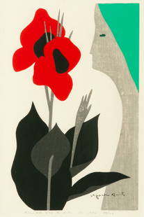 Kiyoshi Saito (Japanese, 1907-1997) Woodblock on Rice Paper 1974, 'Flower And a Girl (3)', SN:: Kiyoshi Saito (Japanese, 1907-1997) Woodblock on Rice Paper 1974, 'Flower And a Girl (3)', SN: 68/100, H 14.5" W 9" Frame Size: H 21" W 16" Signed lower right in plate. Pencil titled, dated, and numbe