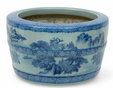 Japanese Blue And White Ceramic Hibachi/planter, Ca. Mid 20th C., H 12.5" Dia. 21.5": Japanese Blue And White Ceramic Hibachi/planter, Ca. Mid 20th C., H 12.5" Dia. 21.5" Decorated on the exterior with a mountainous village landscape with a figure crossing a bridge and a fishing boat.