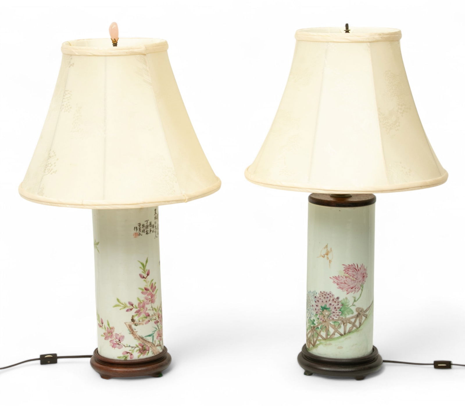 Chinese Qianjiangcai Enamel on Porcelain Brush Pots Mounted As Lamps, 1880-1900, H 11.5" Dia. 4.5" (1 of 8)