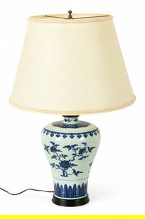 Chinese Blue And White Porcelain Vase Mounted As a Lamp 19th C., H 14" Dia. 8": Chinese Blue And White Porcelain Vase Mounted As a Lamp 19th C., H 14" Dia. 8" Blue and white design of flowering trees with tobacco leaf design at foot. H with shade 27" Provenance:  Property from th