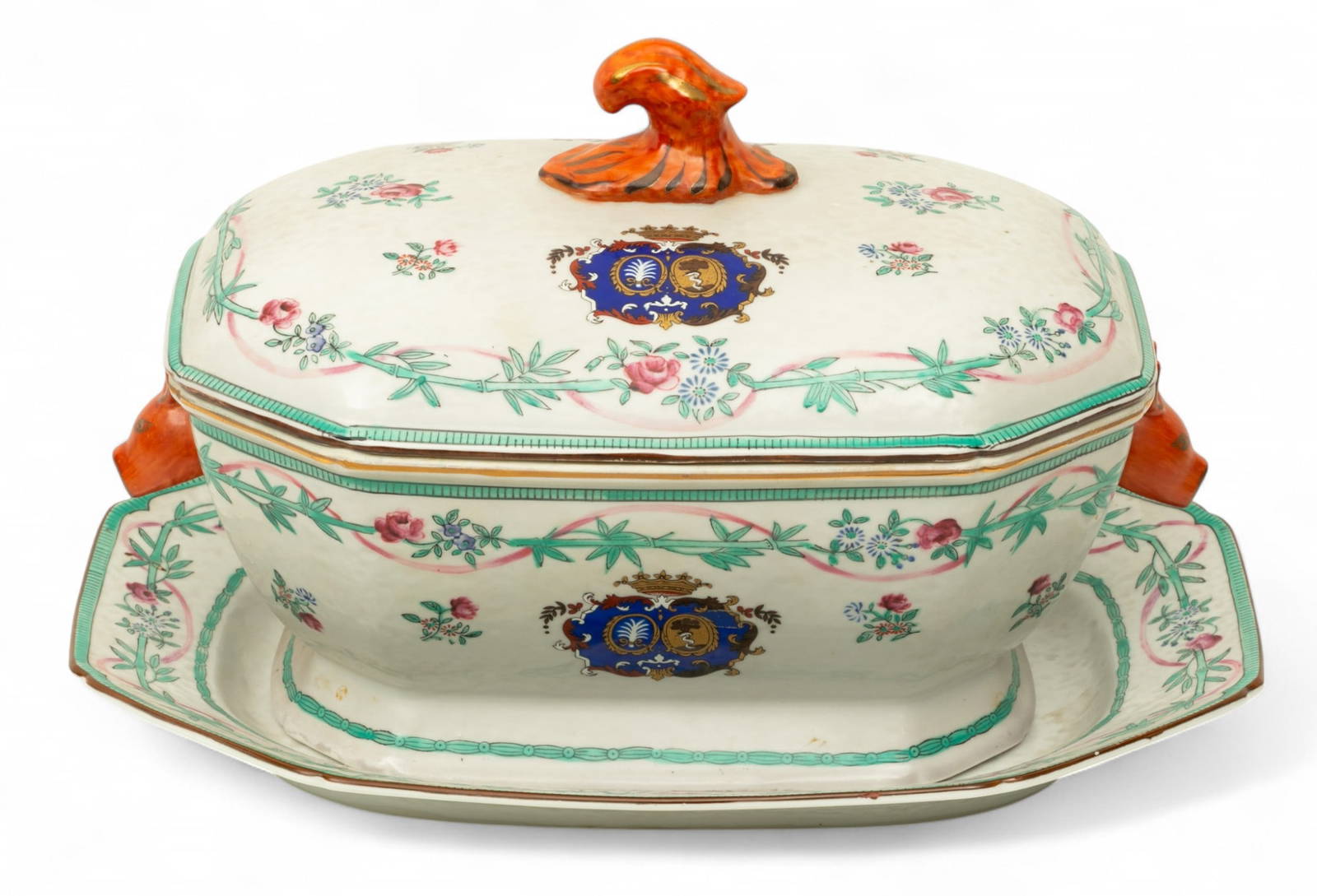 Chinese Export Armorial Style Porcelain Covered Tureen And Underplate Early 20th C., H 9\" L 15\"