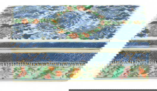 Chinese Blue Fitzhugh Porcelain Comb Box with Cover 19th C., H 7" W 4" L 7": Chinese Blue Fitzhugh Porcelain Comb Box with Cover 19th C., H 7" W 4" L 7" Blue Fitzhugh design with floral accent borders.&nbsp; Provenance:  Property from the Collection of Cynthia Newton, Grand Ra