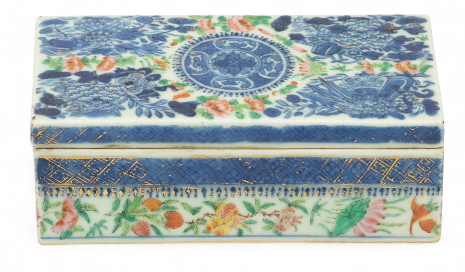 Chinese Blue Fitzhugh Porcelain Comb Box with Cover 19th C., H 7\" W 4\" L 7\"