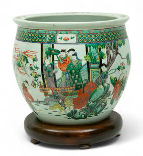 Chinese 19th/20th Century Famille Verte Fish Porcelain Planter H 18" Dia. 20": Chinese 19th/20th Century Famille Verte Fish Porcelain Planter H 18" Dia. 20" Enamel exterior decoration of various Gods in a landscape, court exterior and riding a gondola. Interior decorated with ko