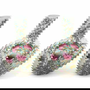 Chinese Famille Rose Large Bottle Neck Vases, Peach Blossom H 22" Dia. 14" 1 PAIR: Chinese Famille Rose Large Bottle Neck Vases, Peach Blossom H 22" Dia. 14" 1 PAIR Green foliage and large rose color blossoms. Dimensions: 1 PAIR x H 22" Dia 14"