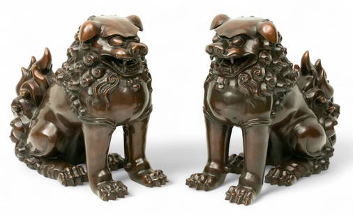 Chinese Bronze Foo Dogs 1950, H 15.5" L 18" 1 PAIR: Chinese Bronze Foo Dogs 1950, H 15.5" L 18" 1 PAIR Brown patina. Statuesque. Seated on hind legs.&nbsp; Provenance:  Property from a private collection, Port Huron, Michigan Dimensions: 1 PAIR x H 15.