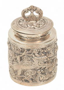 Chinese Silver Covered Jar 20th C., H 2.75" Dia. 1.5": Chinese Silver Covered Jar 20th C., H 2.75" Dia. 1.5" Relief dragon and cloud motif. Hallmarked on underside. Provenance: Sold to benefit a prominent Berkley, MI religious institution. Dimensions: 1