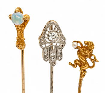 Gold And Diamond, Gold And Opal, Gold And Pearl Tie Pins 1900, L 2" 3 PCS: Gold And Diamond, Gold And Opal, Gold And Pearl Tie Pins 1900, L 2" 3 PCS White gold with diamond. Gold&nbsp;hand clasping opal. Gold lion with mini pearl. Provenance:  Property from a Bloomfield Hill