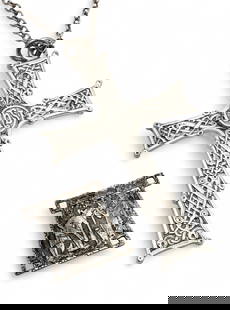 Gorham Sterling Silver Cross Pendant, 32" Chain L 32" 1.28 t oz: Gorham Sterling Silver Cross Pendant, 32" Chain L 32" 1.28 t oz Cross with "IHS" and abstract motifs identical on front and verso. Impressed Gorham and sterling #4012.&nbsp; Provenance:  Property of a