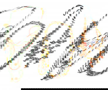 Tribal Beaded Necklaces H 8" W 5" L 2": Tribal Beaded Necklaces H 8" W 5" L 2" Three torsade-style, colorful beaded necklaces on cords. Each appx. 26" in length. Dimensions are appx. volumetric for all three. First necklace includes glass s