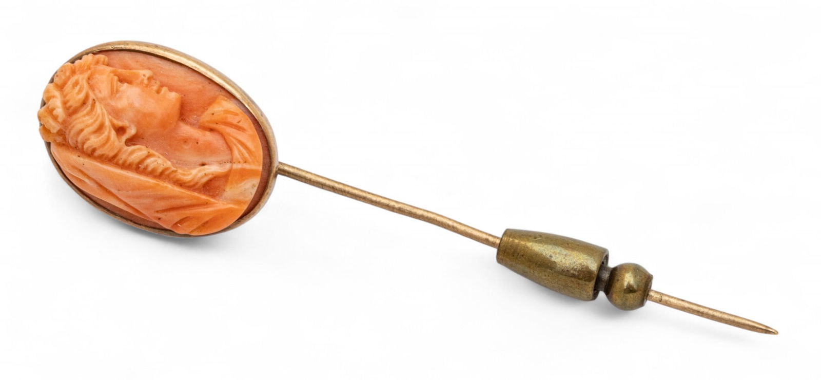 Italy Carved Coral Medallion Tie Pin 1900, H 2.3mm: Italy Carved Coral Medallion Tie Pin 1900, H 2.3mm Profile of young woman carved in relief. Provenance: Property of a Prominent Grosse Pointe, MI Collector Dimensions: 1 PC x H 2.3mm