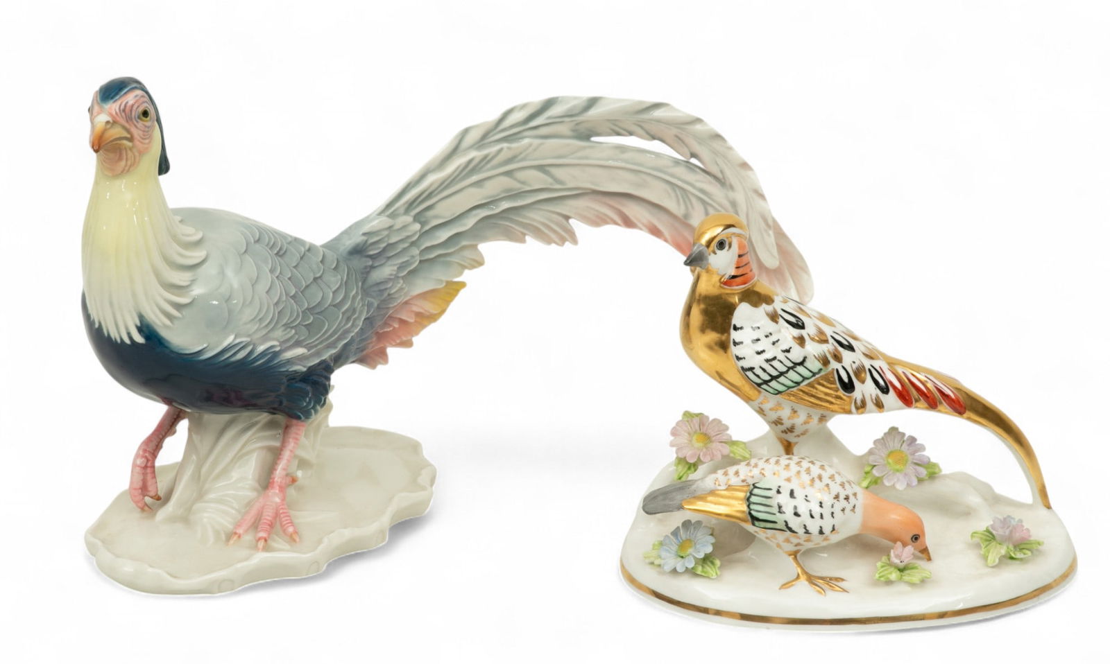 J T Jones, Crown Staffordshire (England) Golden Pheasants + German Porcelain Pheasant 1960, H 5" L (1 of 7)