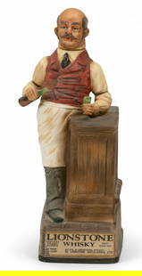 Lionstone Whisky, (Kentucky) Bisque Bourbon Bartender Decanter 1969, H 12": Lionstone Whisky, (Kentucky) Bisque Bourbon Bartender Decanter 1969, H 12" Jeremiah&nbsp; Potts sculpted porcelain. Kentucky straight bourbon. Decanter in form of bartender. Stopper in form of bartend