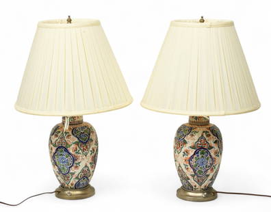 Delftware Pottery Covered Jars Mounted As Table Lamps, 19th C., H 11" Dia. 7" 1 PAIR: Delftware Pottery Covered Jars Mounted As Table Lamps, 19th C., H 11" Dia. 7" 1 PAIR Hand painted floral cartouches in a ground of hand painted flowers and vines. White metal base and mounting. Overal