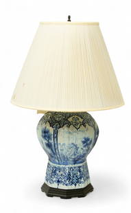 Delft Pottery Jar Mounted As a Lamp 19th C., H 16" Dia. 11": Delft Pottery Jar Mounted As a Lamp 19th C., H 16" Dia. 11" Hand decorated blue and white scenes of life on the Dutch waterways. Including: sailing, fishing, and courting. Fluted apron rises to lobed