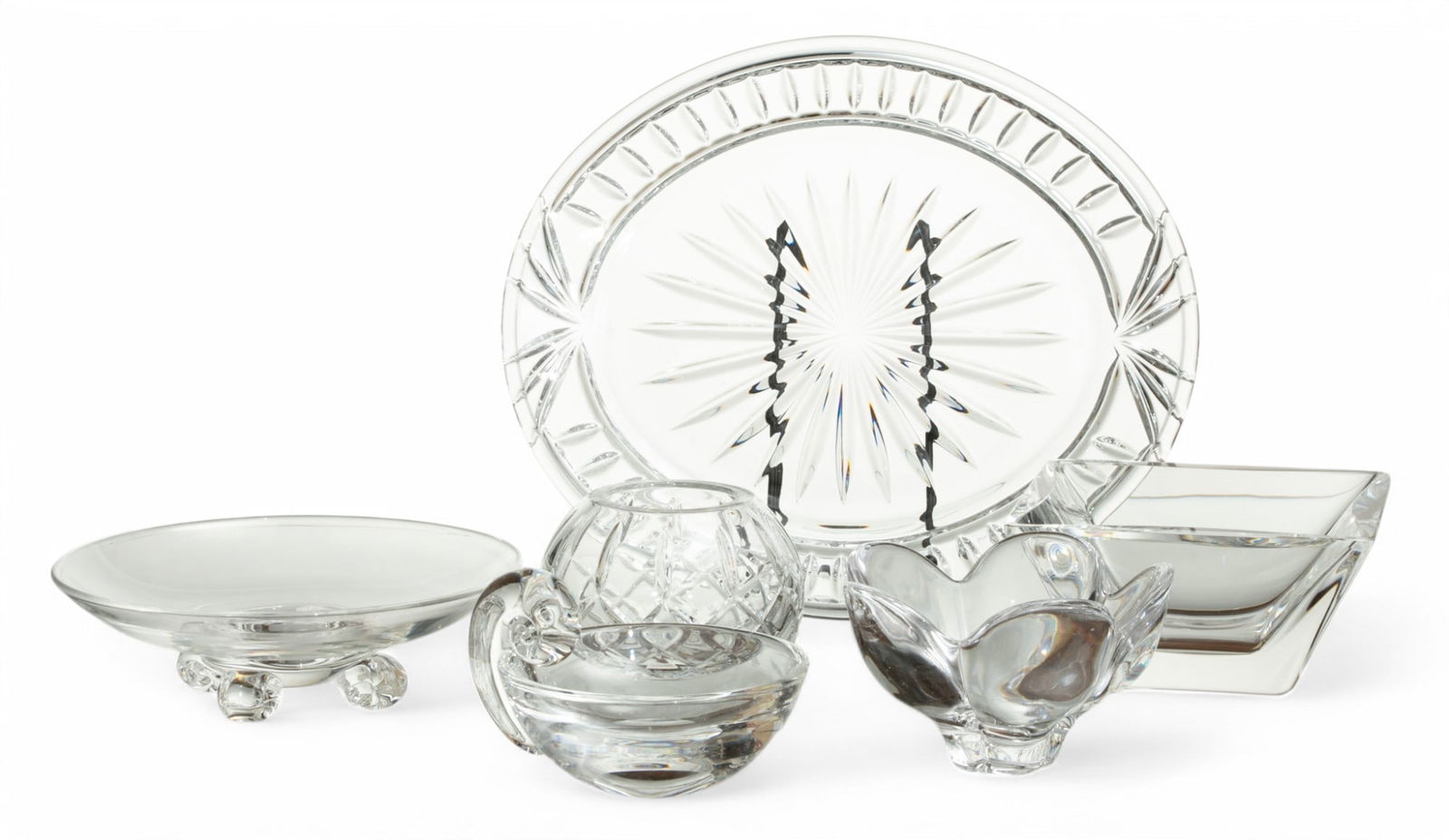 Steuben (2), Kosta & Waterford, Crystal Bowls & Platter, 5 PCS: Steuben (2), Kosta & Waterford, Crystal Bowls & Platter, 5 PCS The lot includes one square form Kosta crystal bowl, one flower form bowl, one Steuben olive dish 5", one Waterford crystal tray, one Wat