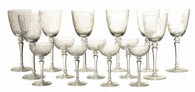 Vintage Crystal Stemware: 8 Goblets, 8 Port Wines 1940, H 8.5" 15 PCS: Vintage Crystal Stemware: 8 Goblets, 8 Port Wines 1940, H 8.5" 15 PCS Vintage stemware in daisy and fern design with tapered stems. 8 water goblets 8.5" and 7 port wines 5". Provenance:  Property of a
