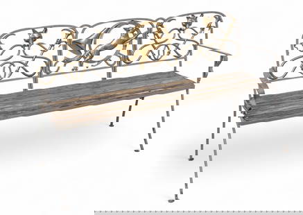 English Wrought Iron And Brass Bench, 20th C., 'Fox Hunt Theme', H 36" W 65" Depth 20": English Wrought Iron And Brass Bench, 20th C., 'Fox Hunt Theme', H 36" W 65" Depth 20" Grey painted wrought iron frame with three inset panels in a fox hunting theme. Wood slat seat. Provenance: