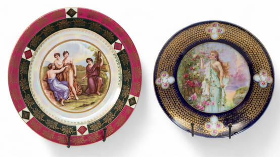 Vienna Hand Painted Plate Lady in Rose Garden + Czech Scenic 10.5"plate Dia. 9" 2 PCS: Vienna Hand Painted Plate Lady in Rose Garden + Czech Scenic 10.5"plate Dia. 9" 2 PCS One 9" scenic hand painted Vienna plate of lady in rose garden having a cobalt blue border with a gilded border de