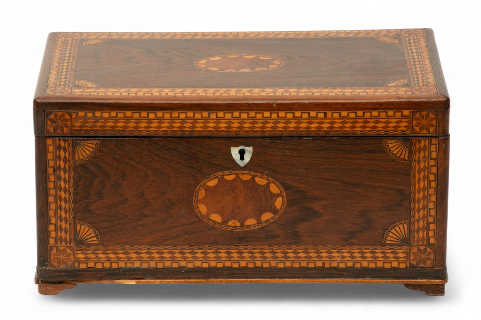 Marquetry Inlaid Jewelry Box, Ca. Early 20th C., H 6.5" W 8" L 13" (1 of 6)