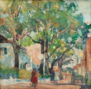 Nancy Maybin Ferguson (American, 1872-1967) Oil on Board 'A Quaint Street', H 11.87" W 12" Frame: Nancy Maybin Ferguson (American, 1872-1967) Oil on Board 'A Quaint Street', H 11.87" W 12" Frame Size: H 17.75" W 17.75" Signed in the lower left. Depicting figures walking in the shade of a tree