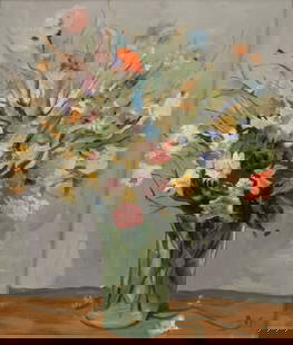 Marcel Dyf (French, 1899-1985) Oil on Canvas 'Still Life of Flowers in a Vase', H 30" W 26" Frame: Marcel Dyf (French, 1899-1985) Oil on Canvas 'Still Life of Flowers in a Vase', H 30" W 26" Frame Size: H 35" W 30" Depicting fresh cut flowers in a trumpet vase. Signed lower right.&nbsp; Provenance: