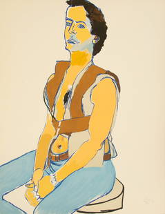 Alice Neel (American, 1900-1984) Lithograph in Colors on Wove Paper, 1980, 'Man in Harness', H 36" W: Alice Neel (American, 1900-1984) Lithograph in Colors on Wove Paper, 1980, 'Man in Harness', H 36" W 27.5" Signed in pencil lower right, dated and annotated HC 3/5 (an hors commerce impression aside f