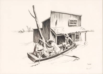 Thomas Hart Benton (American, 1889-1975) Lithograph on Wove Paper, 'Investigation', H 9.5" W 12.5": Thomas Hart Benton (American, 1889-1975) Lithograph on Wove Paper, 'Investigation', H 9.5" W 12.5" Frame Size: H 17.25" W 21.25" Signed in pencil in the lower right, with margins. Matted and framed un