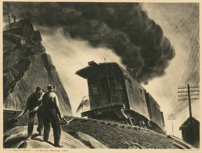 Peter Helck (American, 1893-1988) Lithograph on Wove Paper, 1938, 'Fast Freight', H 12.25" W 16.25": Peter Helck (American, 1893-1988) Lithograph on Wove Paper, 1938, 'Fast Freight', H 12.25" W 16.25" Signed and dated in the lower right. Inscribed in the lower left with an edition of 31/100. With mar