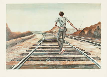 Ernie Barnes (American, B. 1938-2009) Offset Lithograph in Colors on Wove Paper 1979, 'Destination: Ernie Barnes (American, B. 1938-2009) Offset Lithograph in Colors on Wove Paper 1979, 'Destination Unknown', H 16.6" W 22.1" Pencil signed in the lower right. Edition 30/300 in the lower left. Publish