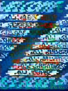 Eamon Harrington (American) Acrylic on Canvas 2017, 'All Welcome', H 40" W 30": Eamon Harrington (American) Acrylic on Canvas 2017, 'All Welcome', H 40" W 30" Signed and dated verso. Dimensions: 1 PC x H 40" W 30"